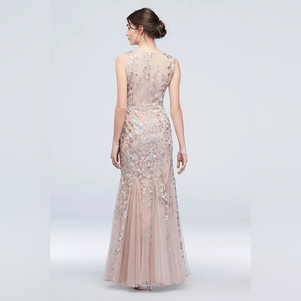Embroidered Sequin Flower V Neck Tulle Gown - Picture 2 of 11